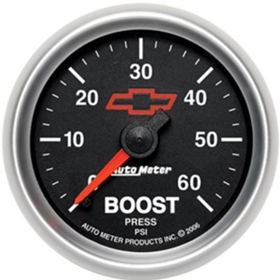 AutoMeter AU3605-00406 Chev Bow-Tie Boost Gauge 2-1/16" Black Dial Full Sweep Mech 0-60 PSI