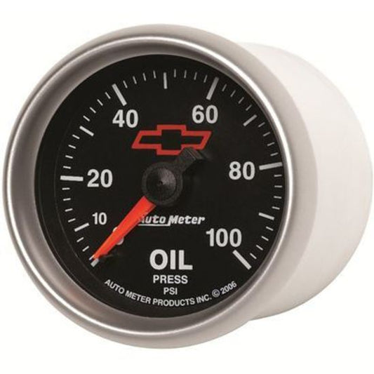 AutoMeter AU3621-00406 Chev Bow-Tie Oil Pressure Gauge 2-1/16" Black Dial Full Sweep Mech 0-100 PSI