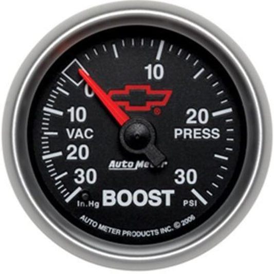 AutoMeter AU3659-00406 Chev Bow-Tie Boost/Vac Gauge 2-1/16" Black Dial Full Sweep Elecal 30 In Hg/30 PSI