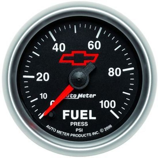 AutoMeter AU3663-00406 Chev Bow-Tie Fuel Pressure Gauge 2-1/16" Black Dial Full Sweep Elecal 0-100 PSI