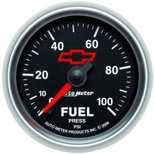 AutoMeter AU3663-00406 Chev Bow-Tie Fuel Pressure Gauge 2-1/16" Black Dial Full Sweep Elecal 0-100 PSI