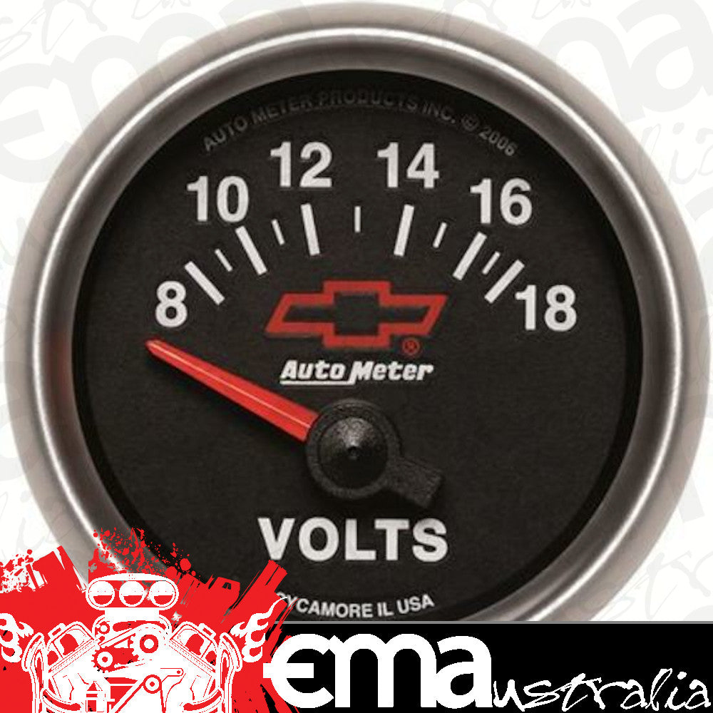 AutoMeter AU3692-00406 Chev Bow-Tie Voltmeter Gauge 2-1/16" Black Dial Short Sweep Elecal 8-18 Volts