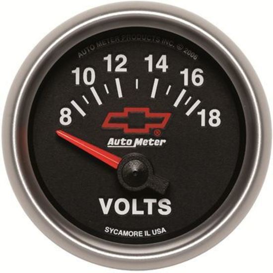 AutoMeter AU3692-00406 Chev Bow-Tie Voltmeter Gauge 2-1/16" Black Dial Short Sweep Elecal 8-18 Volts