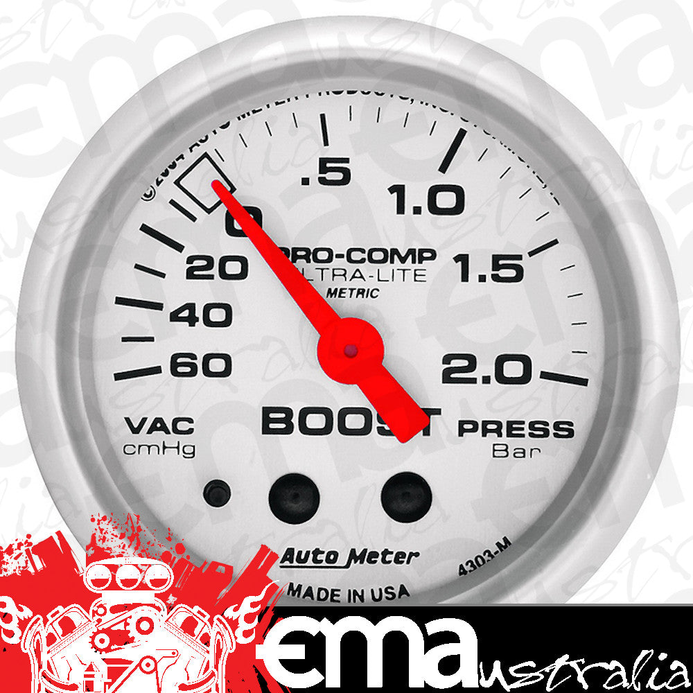 AutoMeter AU4303-M Ultra-Lite Boost/Vacuum Gauge 2-1/16" Full Sweep Mech 60 Cm/Hg - 2.0 Bar