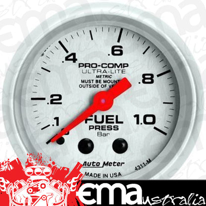 AutoMeter 4311-M 2-1/16" FUEL PRESSURE, 0-1.0 BAR, ULTRA-LITE