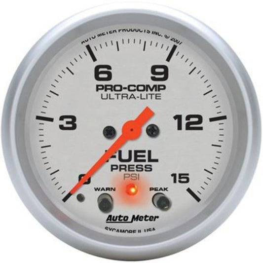 AutoMeter AU4470 Ultra-Lite Fuel Pressure Gauge 2-5/8" Full Sweep Elec Peak Memory And Warning 0-15 PSI