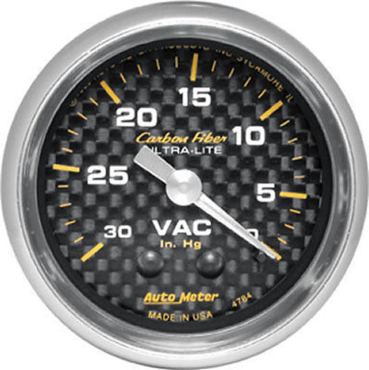 AutoMeter AU4784 Carbon Fiber 2-1/16" Mech Vacuum Gauge 30 In Hg