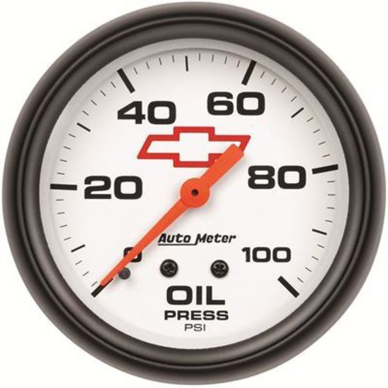 AutoMeter AU5821-00406 Chev Bow-Tie Oil Pressure Gauge 2-5/8" White Dial Full Sweep Mech 0-100 PSI