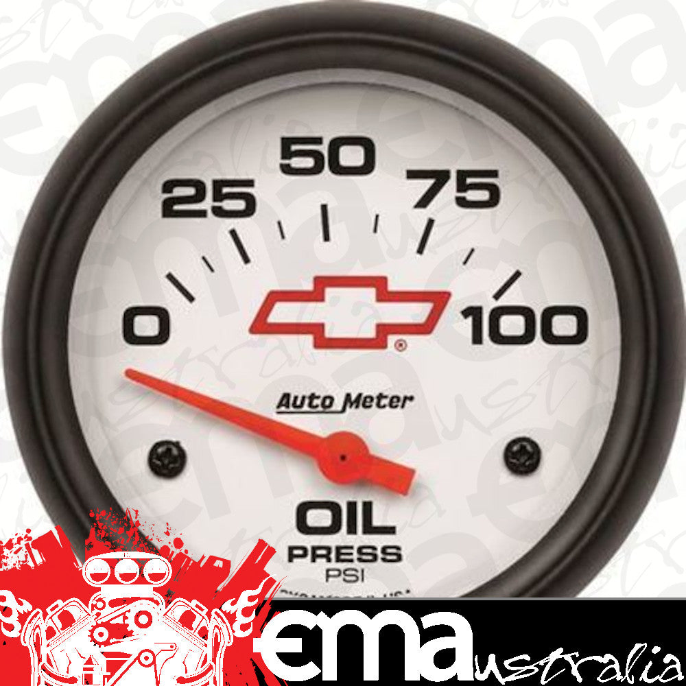 AutoMeter AU5827-00406 Chev Bow-Tie Oil Pressure Gauge 2-5/8" White Dial Short Sweep Elec 0-100 PSI