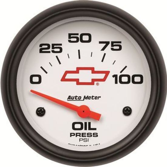 AutoMeter AU5827-00406 Chev Bow-Tie Oil Pressure Gauge 2-5/8" White Dial Short Sweep Elec 0-100 PSI