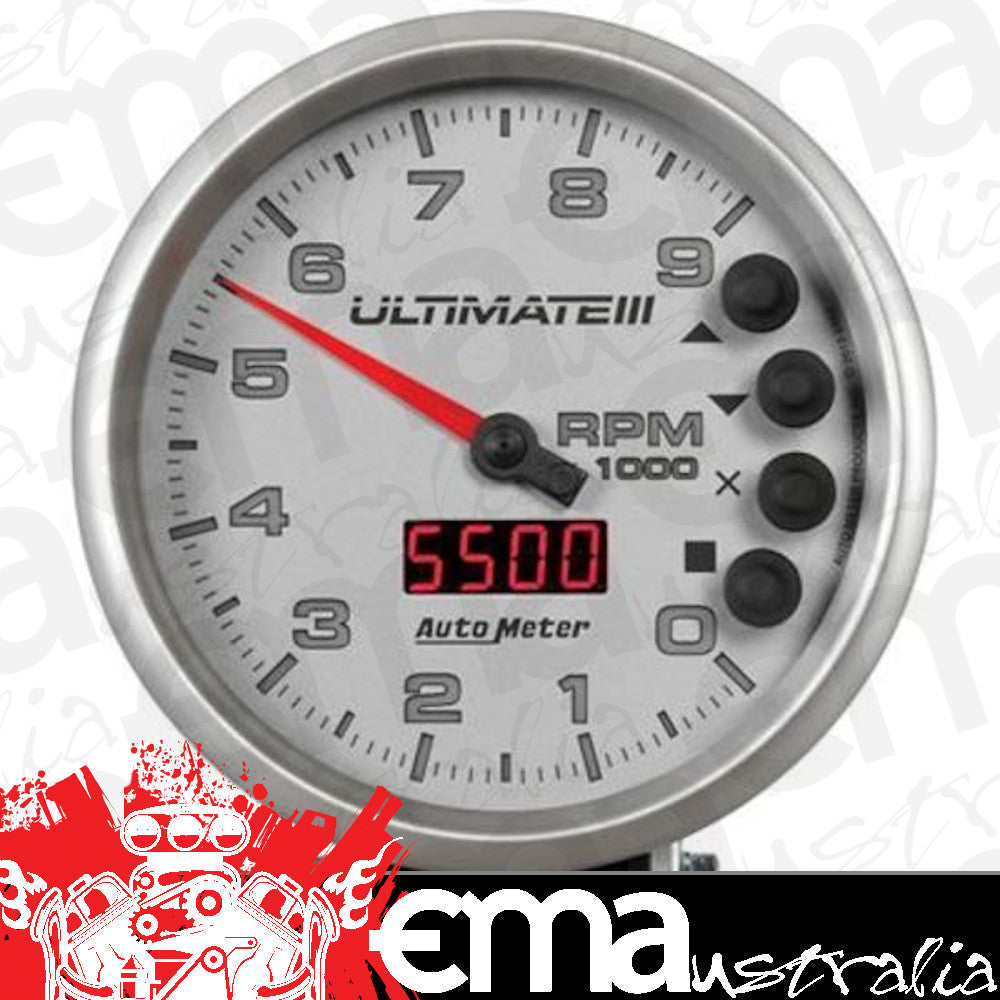 AutoMeter AU6882 Ultimate IIi Tachometer 0-9000 RPM 5 In. Silver Face Memory Recall Analog Elecal