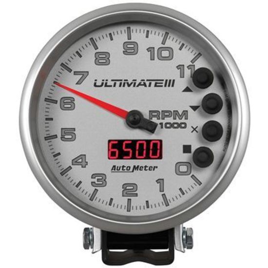 AutoMeter AU6886 Ultimate IIi Tachometer 0-11000 RPM 5 In. Silver Face Memory Recall Analog Elecal