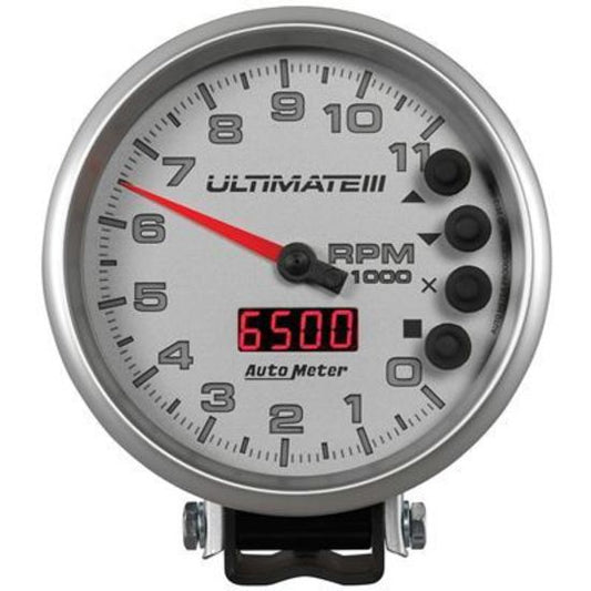 AutoMeter AU6886 Ultimate IIi Tachometer 0-11000 RPM 5 In. Silver Face Memory Recall Analog Elecal