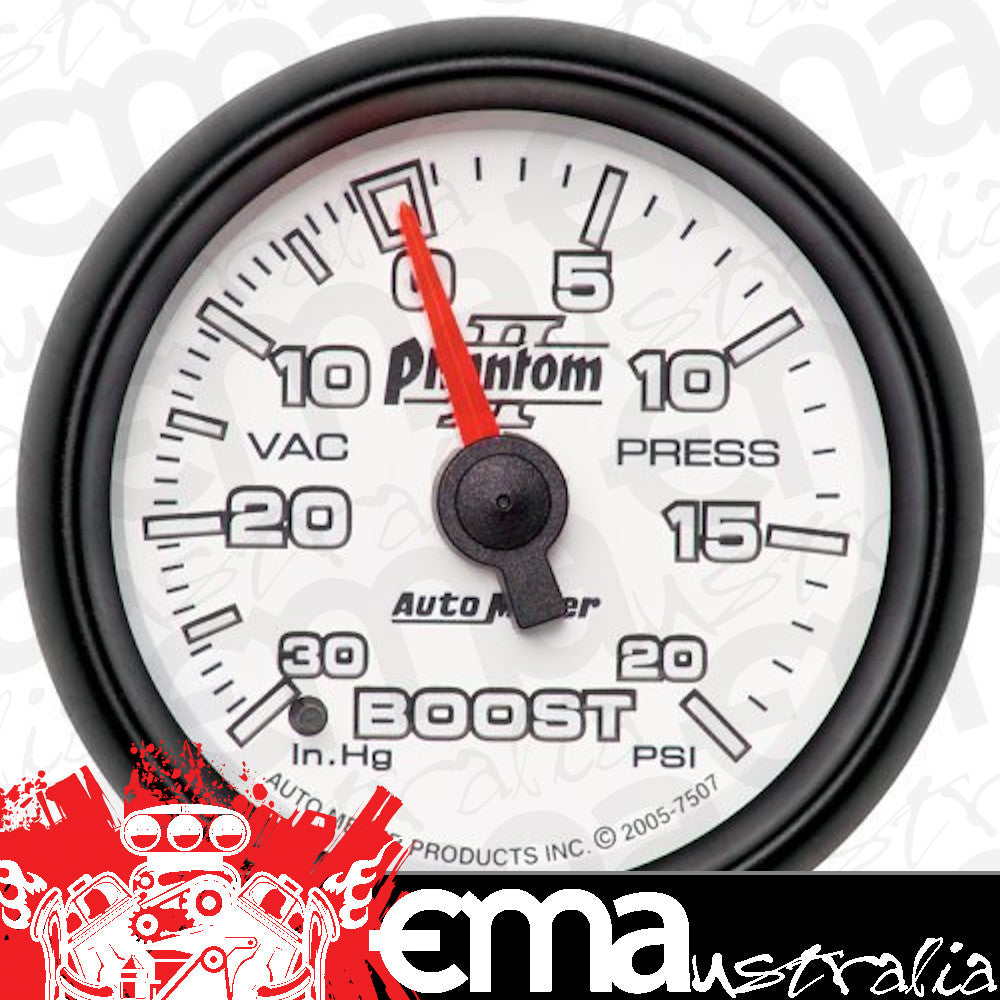 AutoMeter AU7507 Phantom II Boost/Vacuum Gauge 2-1/16" Full Sweep Mech 30 In. Hg/20 PSI