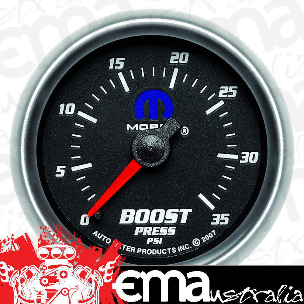 AutoMeter AU880011 Mopar Boost Gauge 2-1/16" Black Dial/Silver Bezel Full Sweep Mech 0-35 PSI