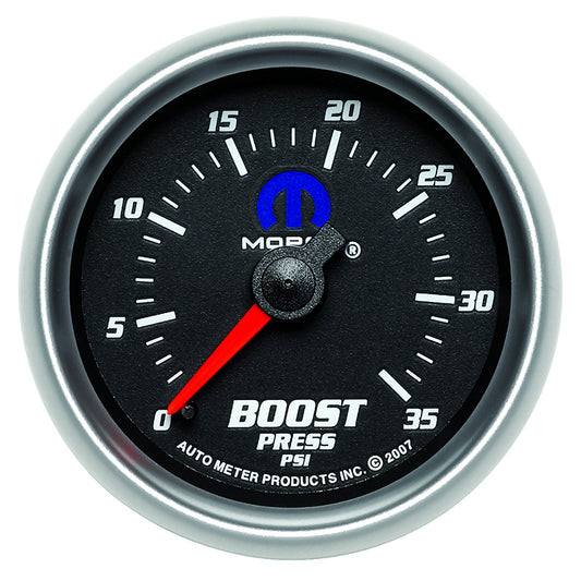 AutoMeter AU880011 Mopar Boost Gauge 2-1/16" Black Dial/Silver Bezel Full Sweep Mech 0-35 PSI