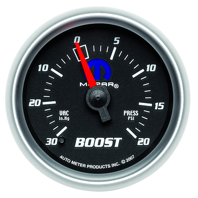 AutoMeter AU880012 Mopar Boost/Vac Gauge 2-1/16" Black Dial/Silver Bezel Full Sweep Mech 30 In. Hg./20 PSI
