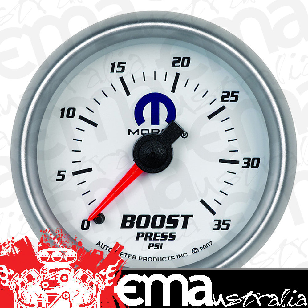 AutoMeter AU880025 Mopar Boost Gauge 2-1/16" White Dial/Silver Bezel Full Sweep Mech 0-35 PSI