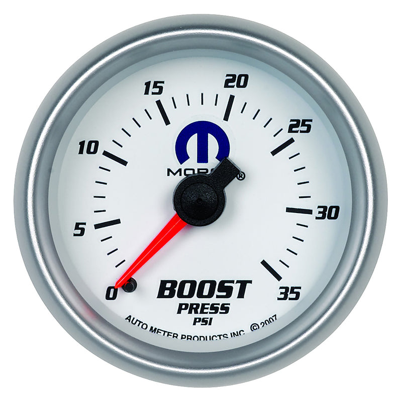 AutoMeter AU880025 Mopar Boost Gauge 2-1/16" White Dial/Silver Bezel Full Sweep Mech 0-35 PSI