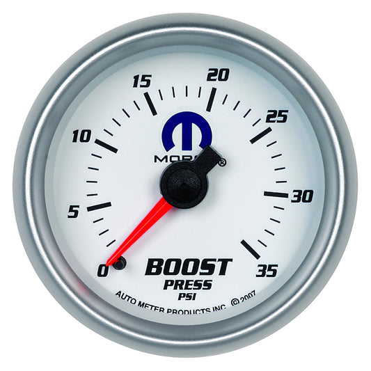 AutoMeter AU880025 Mopar Boost Gauge 2-1/16" White Dial/Silver Bezel Full Sweep Mech 0-35 PSI