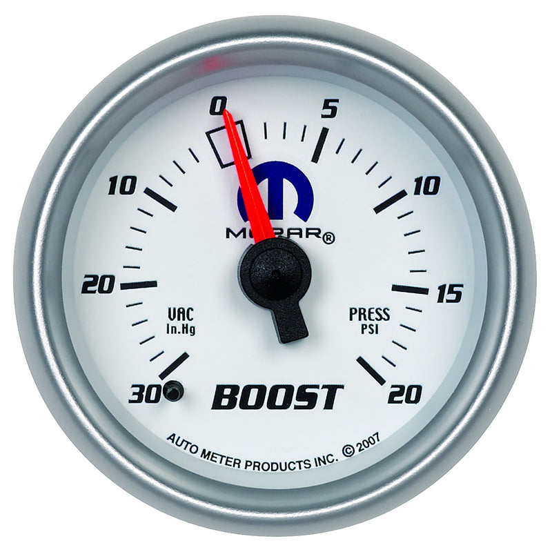 AutoMeter AU880026 Mopar Boost/Vac Gauge 2-1/16" White Dial/Silver Bezel Full Sweep Mech 30 In. Hg./20 PSI