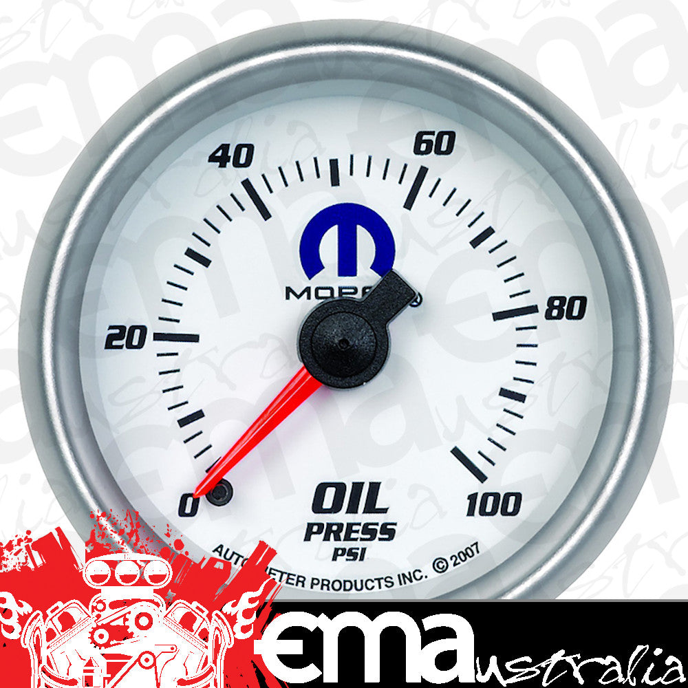 AutoMeter AU880028 Mopar Oil Pressure Gauge 2-1/16" White Dial/Silver Bezel Full Sweep Mech 0-100 PSI