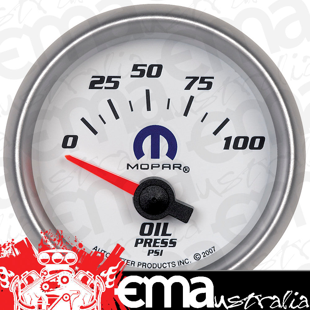 AutoMeter AU880029 Mopar Oil Pressure Gauge 2-1/16" White Dial/Silver Bezel Short Sweep Elec 0-100 PSI