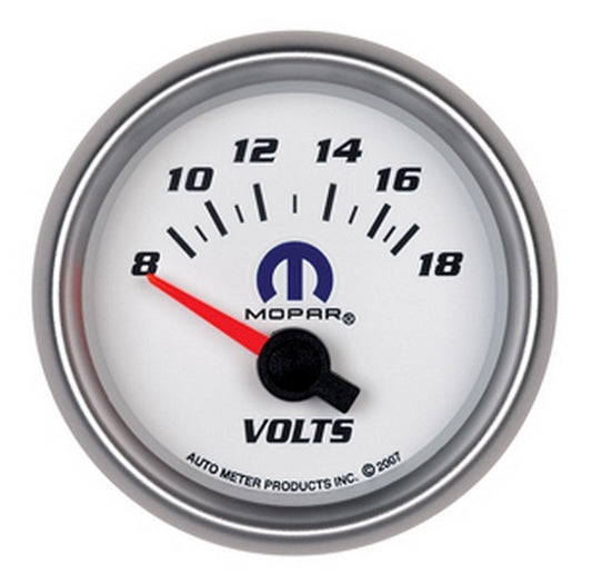 AutoMeter AU880035 Mopar Voltmeter Gauge 2-1/16" White Dial/Silver Bezel Short Sweep Elecal 8-18 Volts