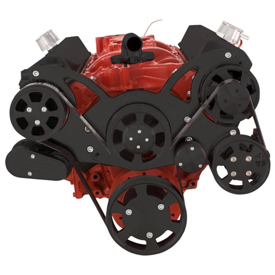 Small Block Chev, 283 350 400 B-350-Wraptor-AC Serpentine Pulley Conversion Kit AC Black CVF Racing CVF-CVF-B-350-WRAPTOR-AC
