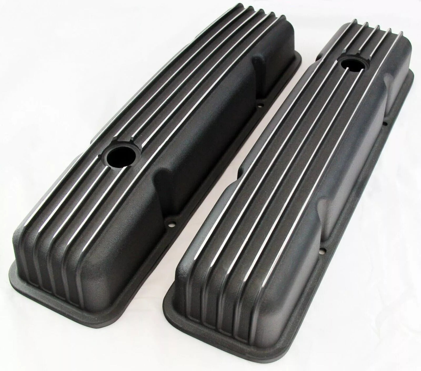 EMA8526BK | Chevy Small Block Retro Cast Finned Valve Covers Black (TALL)