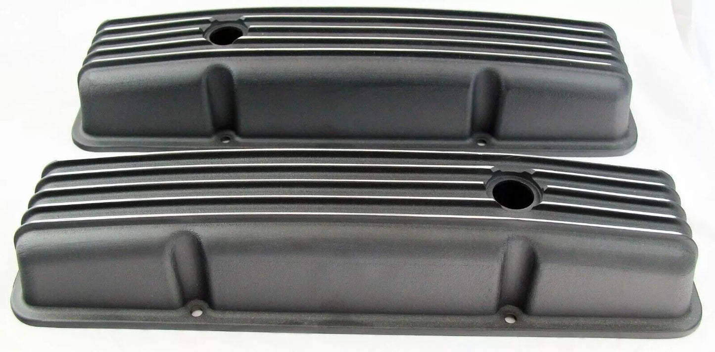 EMA8526BK | Chevy Small Block Retro Cast Finned Valve Covers Black (TALL)