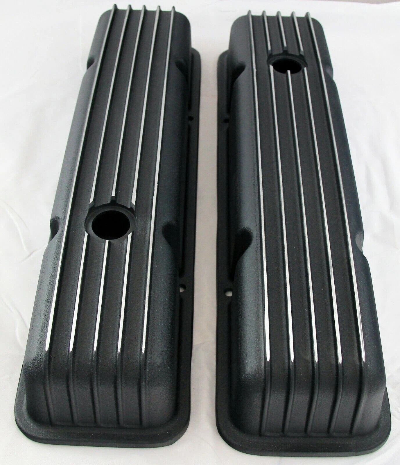 EMA8526BK | Chevy Small Block Retro Cast Finned Valve Covers Black (TALL)