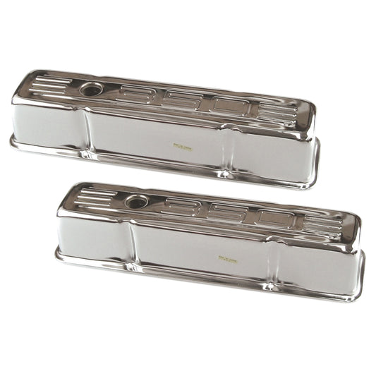 Valve Covers Chrome Chevrolet Sm Blk 283-400 Motor 350 Logo 1955-79 Baffled-pr