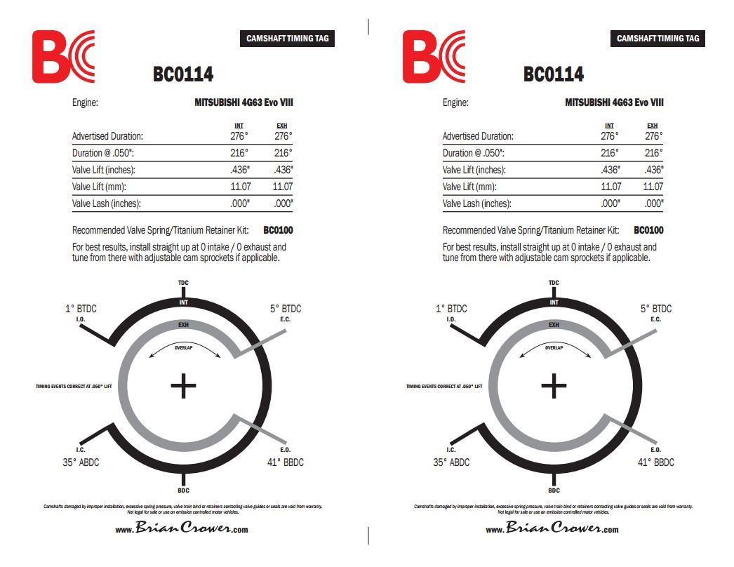 Brian Crower BC0114 Brian Crower Stage 3+ Camshafts Mitsubishi 4G63 Evo VIII 216/216¡ @ .50