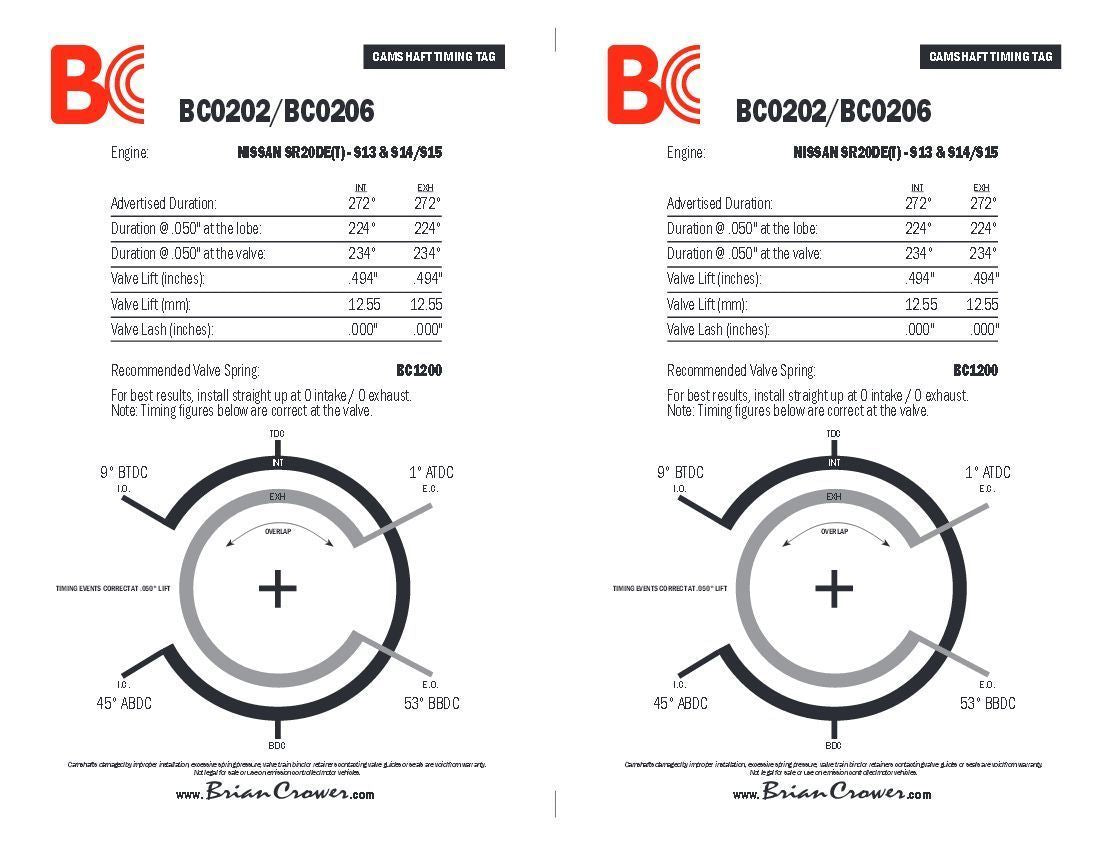 Brian Crower BC0206 Brian Crower Stage 3 Camshafts for Nissan Sr20Det S14 224/224å¦¡@.50 .494" Lift