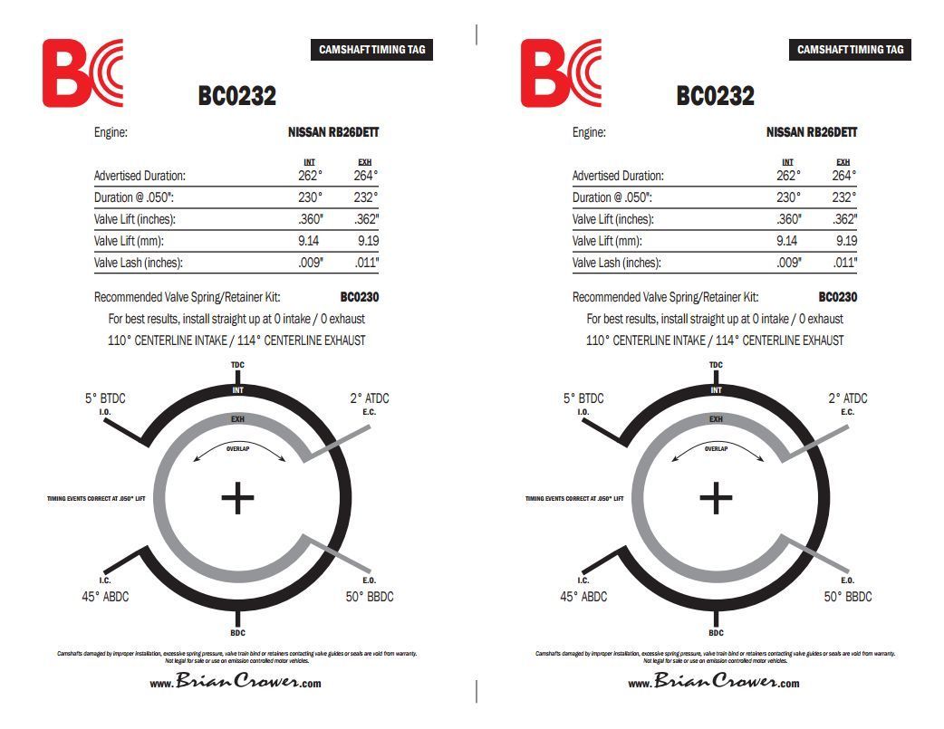 Brian Crower BC0232 Brian Crower Stage 2+ Camshafts for Nissan Rb26Dett 230/232å¦¡@.50 360/262 Lift