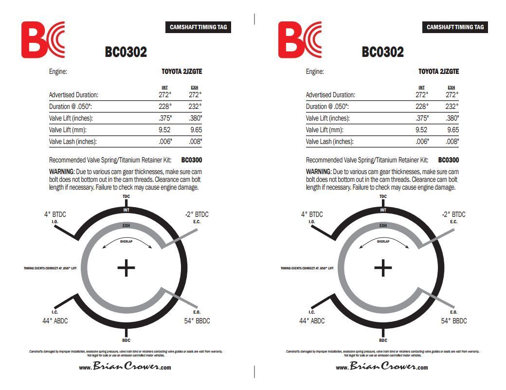 Brian Crower BC0302 Brian Crower Stage 3 Camshafts for Toyota 2Jzgte 228/232¡@.50 375/380 Lift