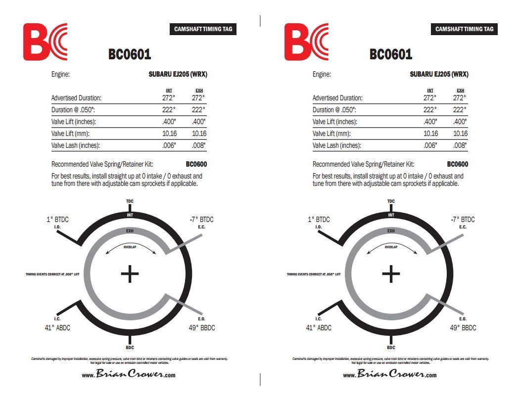Brian Crower BC0601 Brian Crower Stage 2 Camshafts for Subaru Ej205 222/222¡@.50 400/400 Lift