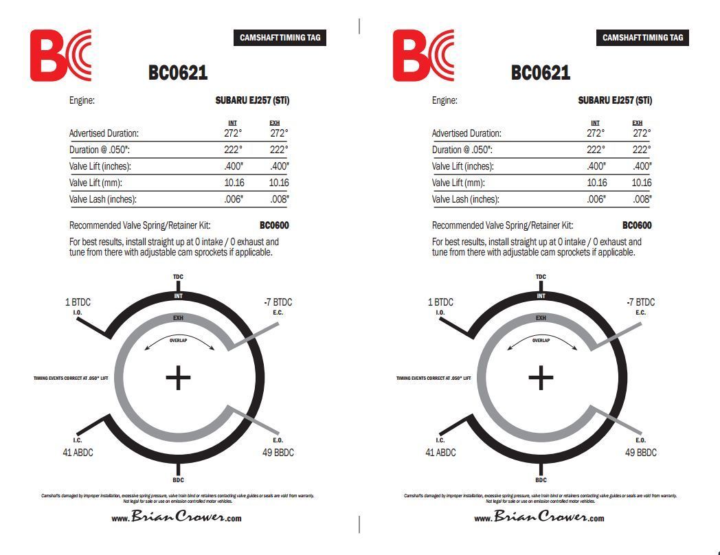 Brian Crower BC0621 Brian Crower Stage 2 Camshafts for Subaru Ej25 222/222¡@.50 400/400 Lift