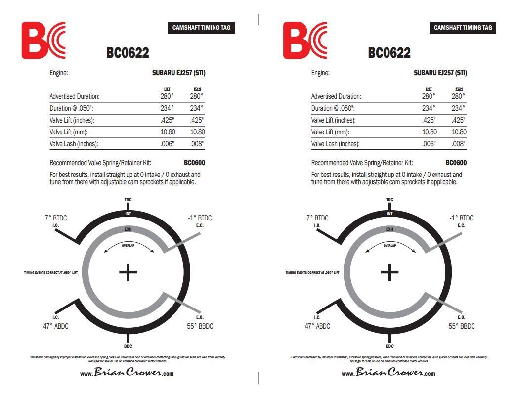 Brian Crower BC0622 Brian Crower Stage 3 Camshafts for Subaru Ej25 234/234¡@.50 425/425 Lift