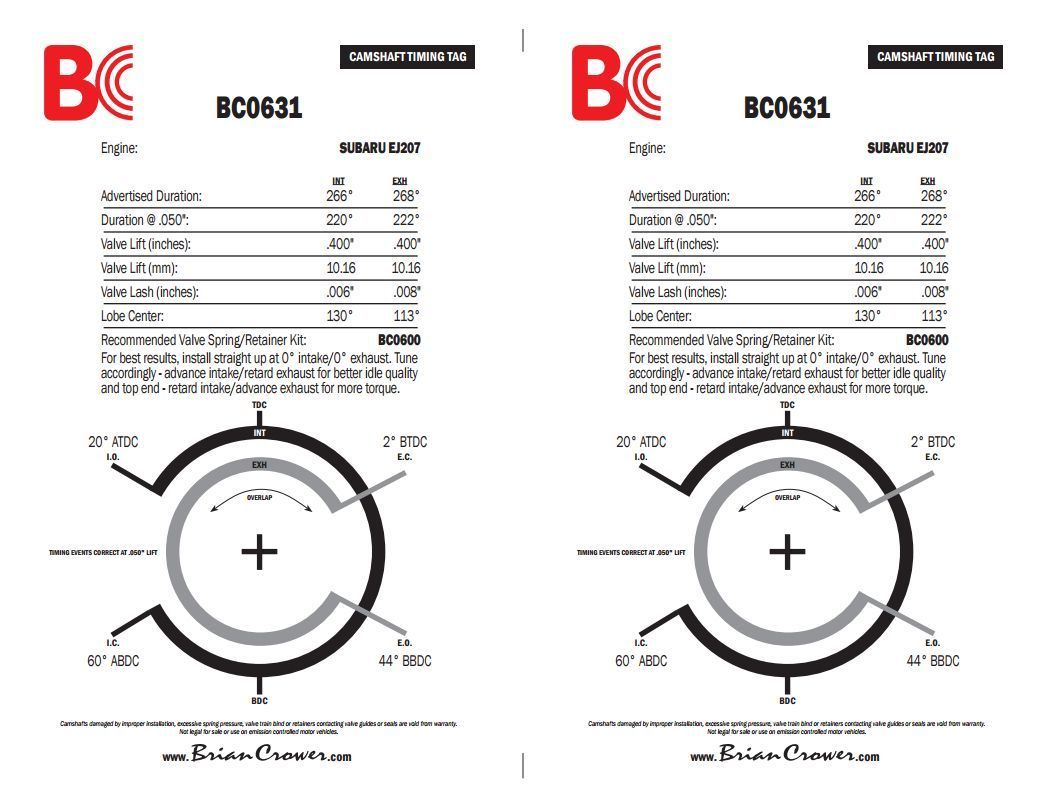 Brian Crower BC0631 Brian Crower Stage 2 Camshafts for Subaru Ej207 200/222¡@.50 400/400 Lift