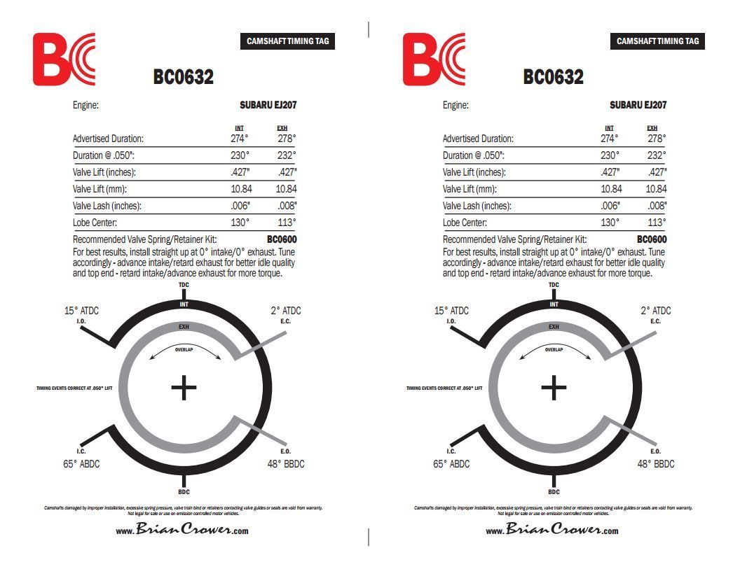 Brian Crower BC0632 Brian Crower Stage 3 Camshafts for Subaru Ej207 230/232¡@.50 427/427 Lift