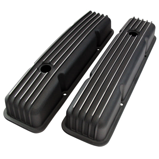 Valve Covers Black Chevrolet V8 Small Block 283-400 Finned Alloy Low Baffled-pr