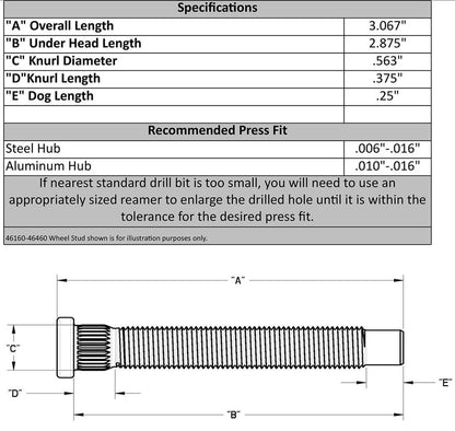 MO46160 MO46160 MOROSO WHEEL STUDS 7/16"-20 X 2.7/8" PRESS IN.560" DIAMETER SHANK PK5