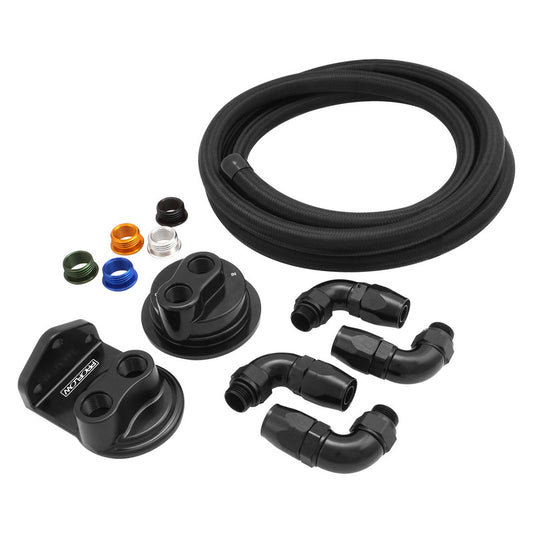 Proflow PFEOS-OB2080 Billet Remote Universal Filter head Universal Block Adaptor Black Top -08 ORB Ports 90Deg -08ORB x AN10 Fittings PFE450R-10 Hose Kit