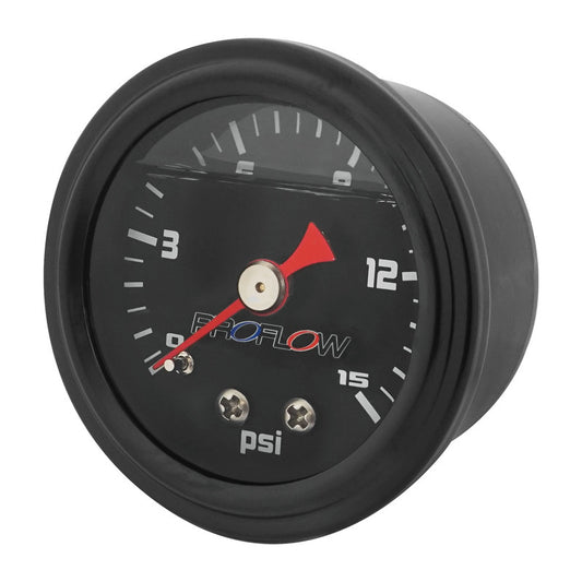 Proflow PFEFG-015LFBK-2 Fuel Pressure Gauge 0-15PSI Stainless Steel Black Body/Black Face Liquid Filled 40mm Each