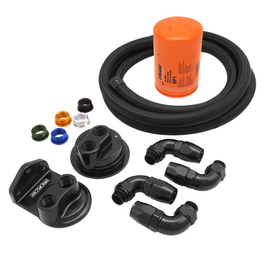 PFEOS-OB2080-HP1 Proflow Billet Remote Universal Filter head Universal Block Adaptor Black Top -08 ORB Ports 90Deg -08ORB x AN10 Fittings PFE450R-10 Hose Kit