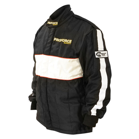 Proforce Safety PFS-4385-XL-BK Proforce Pro 2 Driving Suit SFI 3.2A/5 ,Fire Retardant Racing Suit Top Jacket Two-Piece Multiple Layer Pyrovatex X Large Black/White Strip Ea