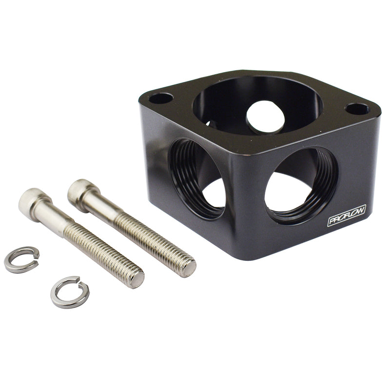Proflow PFETH-63421BK Water Neck Spacer 2 Billet Aluminium Black 2 x AN16 outlets 2 x 1/8in. NTP Ports For Chevrolet