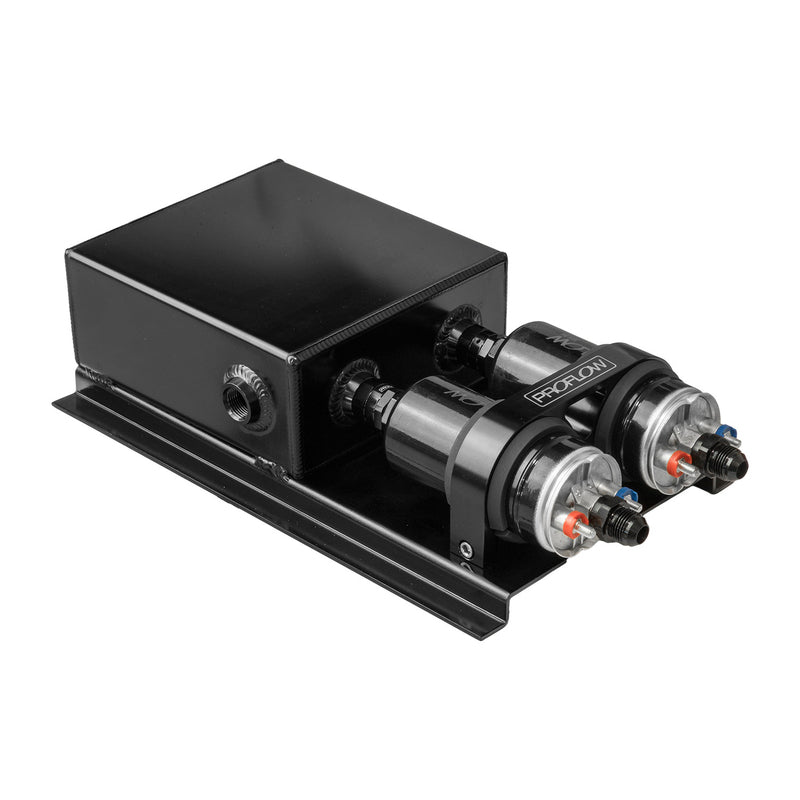 Proflow PFEST12BK Fuel Surge Tank & Pump Kit Fabricated Aluminium Undercar 2x 044 Pump 80mm x 200mm x180mm 2.5L Black Anodised